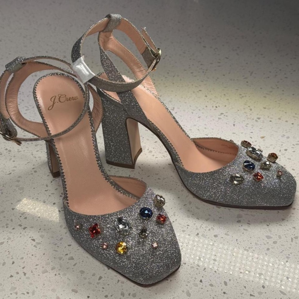 J. Crew Silver Glitter Heels with Colorful Embellishments women's size 7.5.